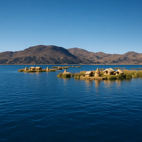 Discover a puzzle with tranquil reed islands and charming thatch huts floating on a deep blue lake beneath sunlit, brown mountain ridges — perfect for PuzzleFre