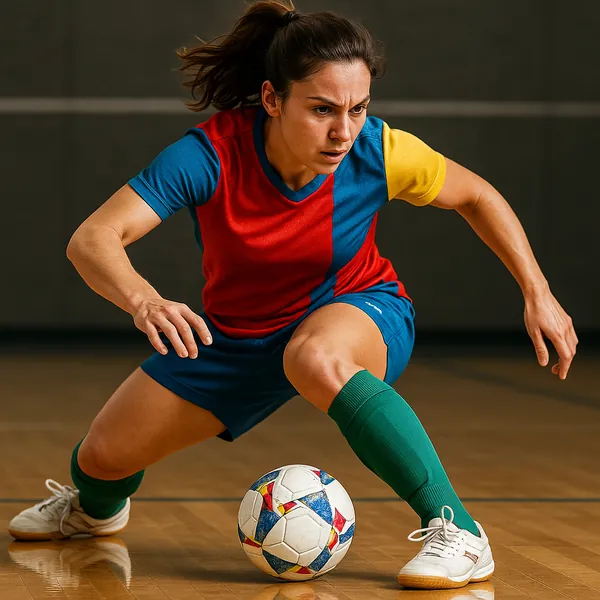 Discover a puzzle with a dynamic indoor soccer scene showing a focused player in mid-action as she shields a colorful ball on a polished gym floor.