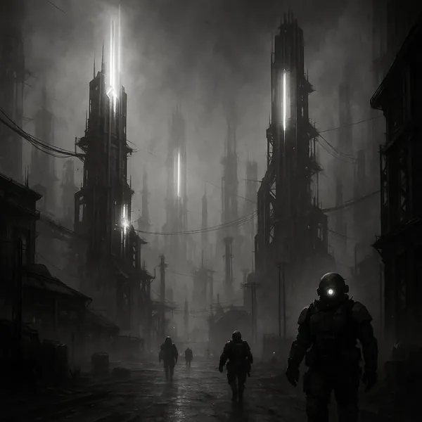 Try solving a puzzle that shows a foggy, monochrome dystopian cityscape with towering industrial spires pierced by vertical beams of light.