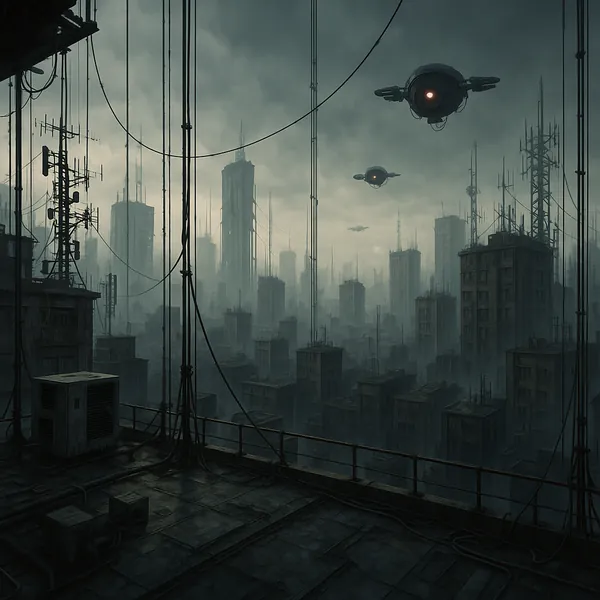 Discover a puzzle with a moody, dystopian cityscape rendered in muted blues and grays — towering, fog-shrouded skyscrapers, a tangle of rooftop antennas and cab