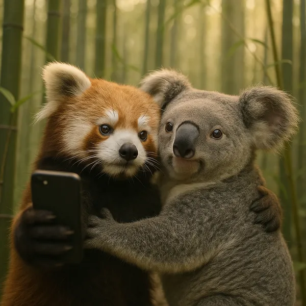 Discover a puzzle with a cuddly red panda and a friendly koala taking a selfie together in a sunlit bamboo grove.