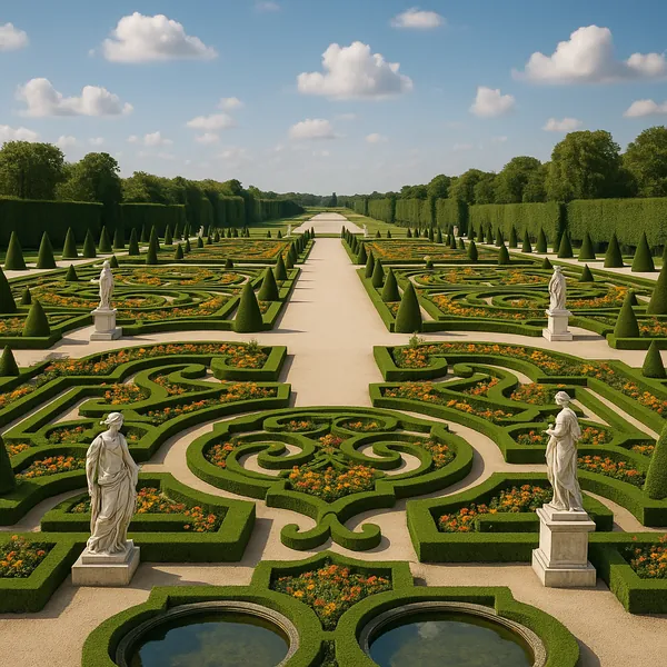Discover a puzzle with a sweeping formal garden scene: symmetrical parterres of neatly clipped green hedges and cone topiaries, winding ornamental patterns fill
