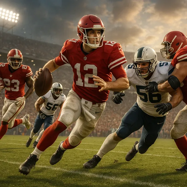 Enjoy assembling a puzzle depicting an intense football moment on a sunlit stadium field, with a red-uniformed quarterback dashing past defenders under a warm,