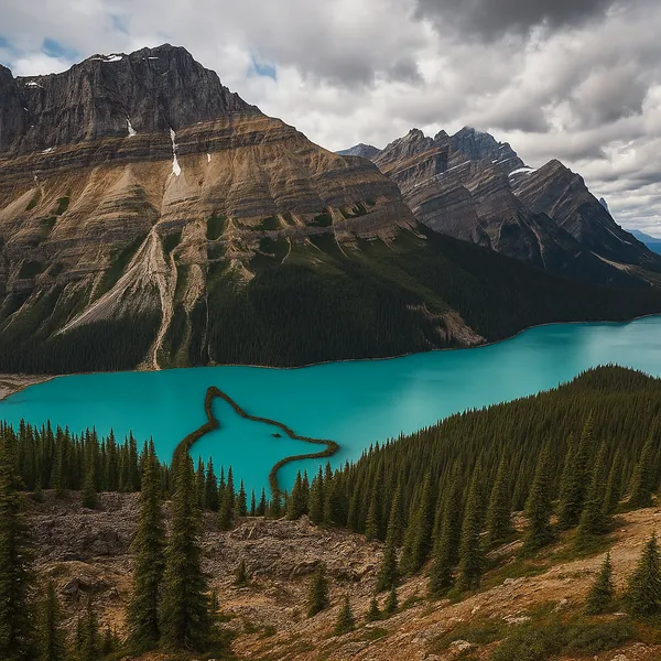 Discover a puzzle with a dramatic mountain lake landscape: a vivid turquoise glacial lake cradled by rugged brown peaks and a dense pine forest, with a small is