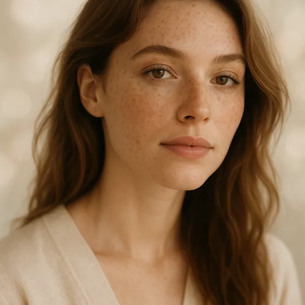 Enjoy assembling a puzzle depicting a close-up portrait of a young woman with warm brown eyes, soft freckles, and flowing chestnut hair against a creamy, softly