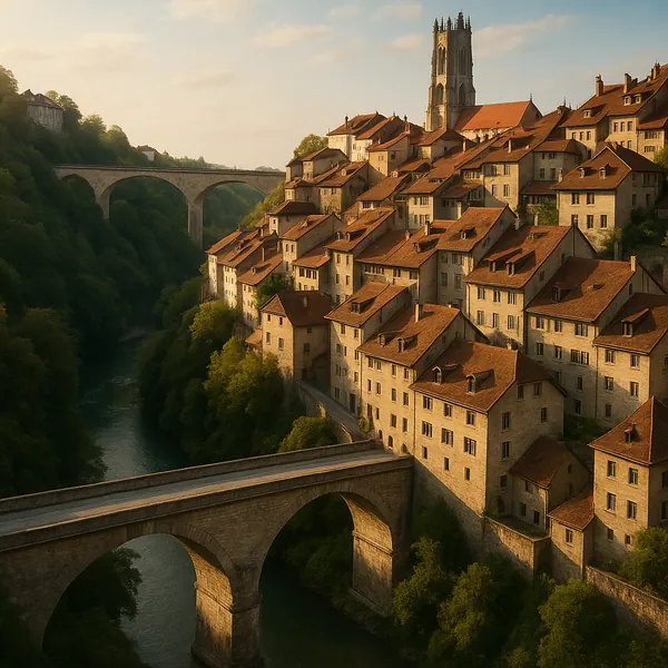 Discover a puzzle featuring a sunlit medieval town perched above a winding river, where warm terracotta roofs and honey-colored stone buildings cascade down a s