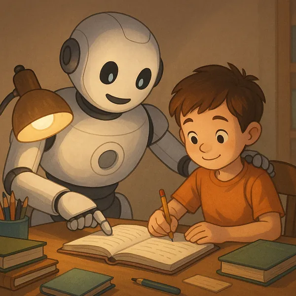 Discover a puzzle with a warm, cozy scene of a friendly robot helping a smiling boy study at a wooden desk.