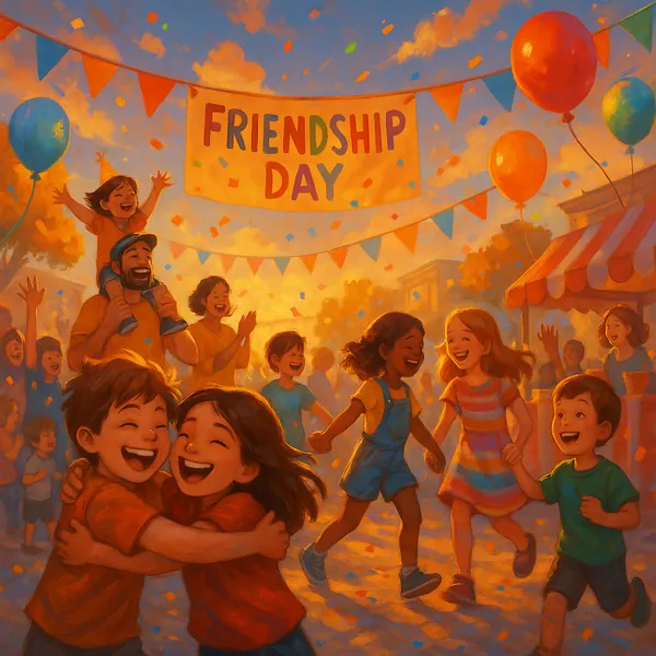 Discover a puzzle with a cheerful Friendship Day street scene where laughing children and smiling adults dance under bunting and a big “FRIENDSHIP DAY” banner.