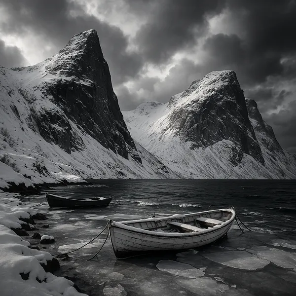 Discover a puzzle with a dramatic winter fjord scene: two wooden rowboats moored on a glassy, icy shore beneath towering, snow-dusted cliffs and brooding, cloud
