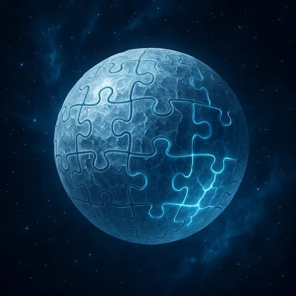 Discover a puzzle with a glowing blue planet formed from interlocking jigsaw pieces set against a deep, star-speckled space background.