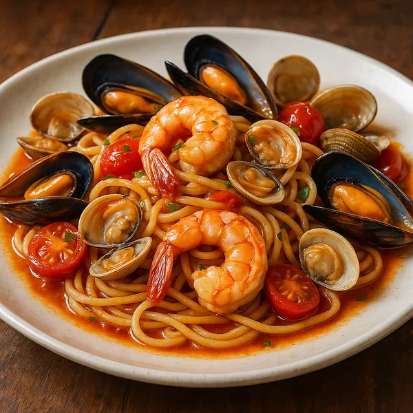 Discover a puzzle with a delicious seafood pasta plate: glossy orange-pink shrimp, dark blue mussel shells, tender clams, and bright cherry tomatoes nestled in