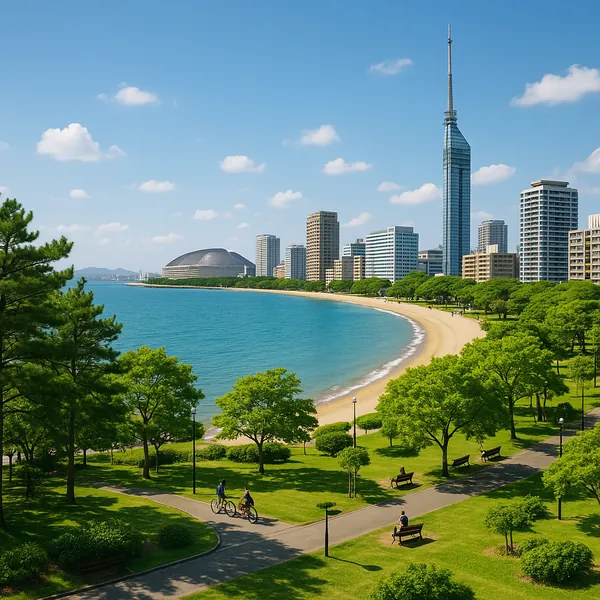 Discover a puzzle with a sunlit seaside skyline where turquoise water laps a curving sandy beach beside a lush, green park.
