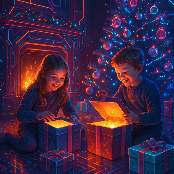 A heartwarming, photo-realistic image depicting children joyfully opening glowing gifts by a warmly lit fireplace.