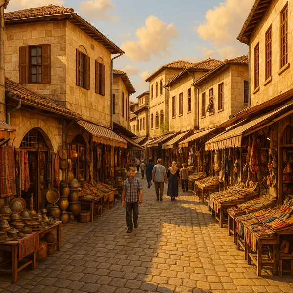 Discover a puzzle with a sunlit old-world bazaar set on a cobblestone street, lined with honey-colored stone buildings and wooden-shuttered windows.