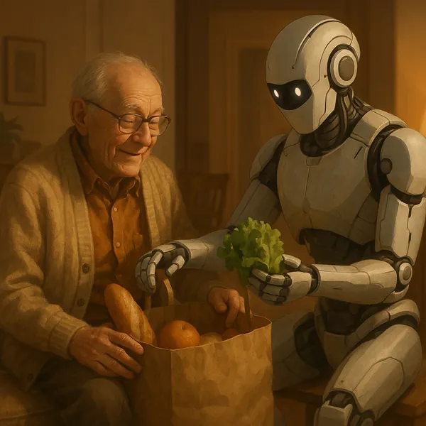 Discover a puzzle with a heartwarming scene of an elderly man and a friendly robot unpacking groceries together in a softly lit kitchen.