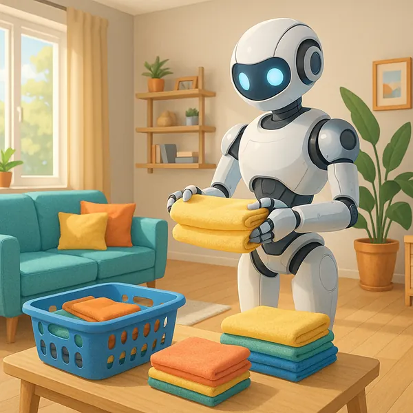 Enjoy assembling a puzzle depicting a friendly robot folding towels in a sunlit, cozy living room.