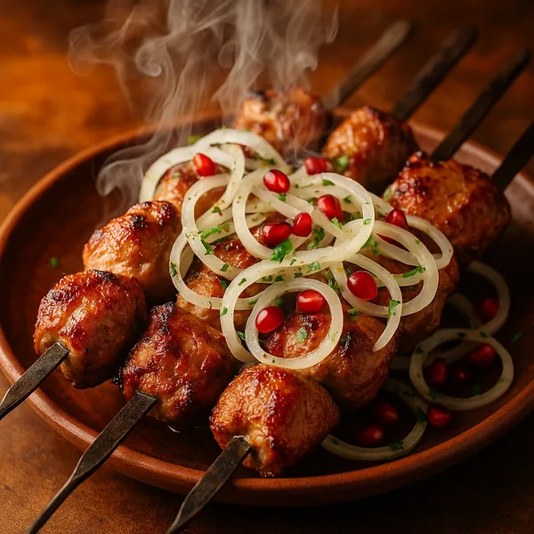 Enjoy assembling a puzzle depicting sizzling grilled meat skewers topped with delicate onion rings and jewel-like pomegranate seeds.