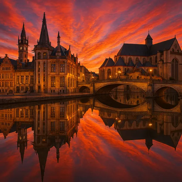 Discover a puzzle with a dramatic sunset scene of historic architecture and a graceful stone bridge reflected perfectly in a calm river.