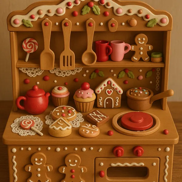 Enjoy assembling a puzzle depicting a charming gingerbread kitchen scene full of handmade cookie treats, tiny teacups, and playful gingerbread figures in warm b