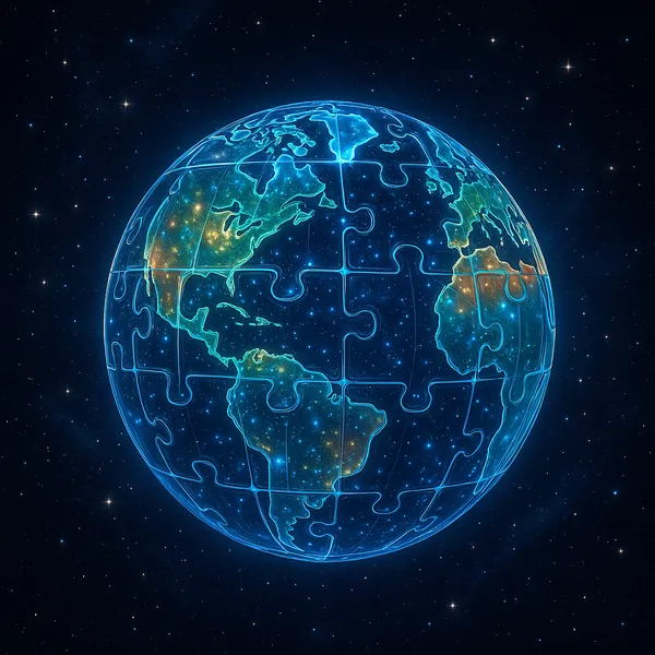 Discover a puzzle with a glowing jigsaw Earth set against a deep starry space background, perfect for PuzzleFree.Game.