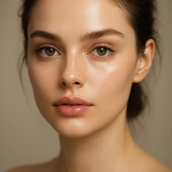Enjoy assembling a puzzle depicting a serene close-up portrait in soft, warm beige tones — smooth skin, gentle highlights, and subtle rosy lips framed by natura