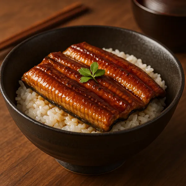 Enjoy assembling a puzzle depicting a close-up bowl of glazed unagi (grilled eel) laid over steaming white rice, garnished with a small green leaf.