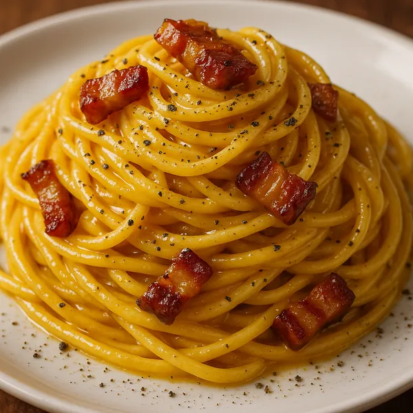 Enjoy assembling a puzzle depicting a close-up of golden spaghetti carbonara, its glossy, creamy strands coiled into a tidy mound and dotted with caramelized pa
