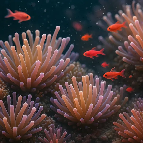 Discover a puzzle with a tranquil underwater scene of soft, pastel-hued sea anemones and bright orange-red reef fish drifting among them.