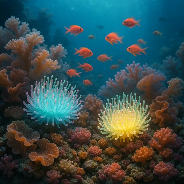 Discover a puzzle with a serene underwater coral reef scene featuring glowing anemones in soft turquoise and pale yellow, surrounded by warm coral hues and a sc