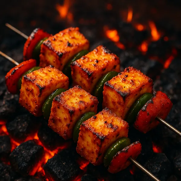 Enjoy assembling a puzzle depicting sizzling grilled paneer skewers over glowing charcoal — golden, charred cubes of marinated paneer threaded with vibrant gree