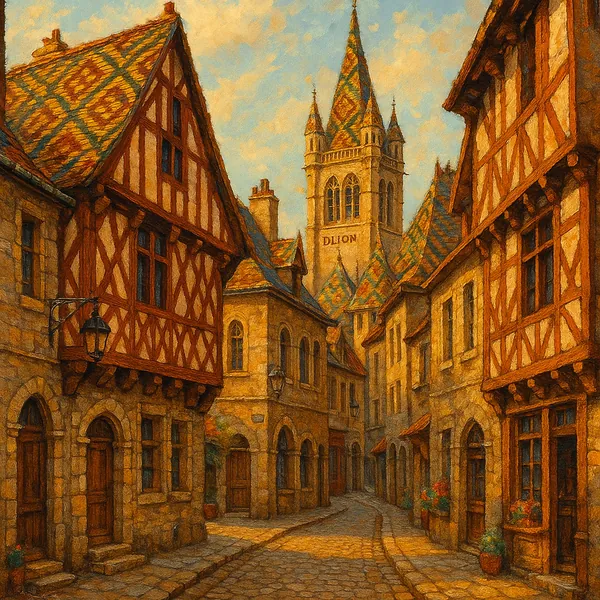 Enjoy assembling a puzzle depicting a sunlit, cobblestone street lined with warm, honey-colored stone and charming half-timbered houses, their patterned, multic