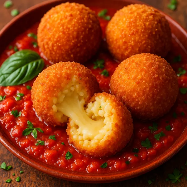 Discover a puzzle with golden, crispy arancini balls nestled in a rich tomato sauce — a close-up of molten cheese stretching from a broken sphere, bright basil