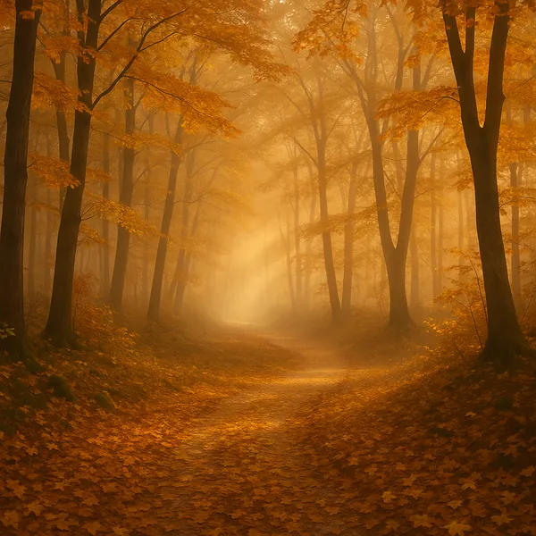 Discover a puzzle with a golden autumn forest path bathed in soft, misty light.