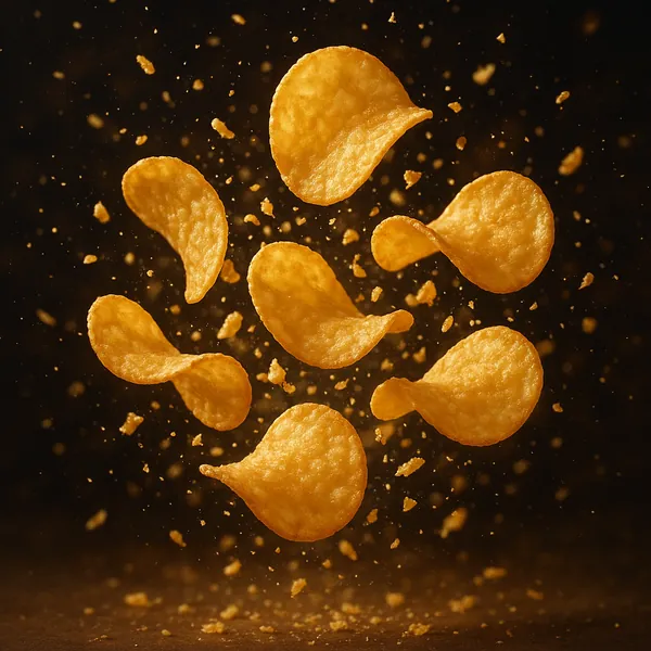 Discover a puzzle with golden, crispy potato chips suspended in midair against a deep, warm background, each curl and crumb captured in rich amber tones.