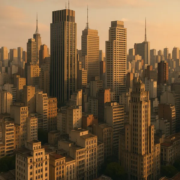 Discover a puzzle with a warm, golden-hued city skyline filled with towering skyscrapers and classic mid-century buildings bathed in soft sunset light.