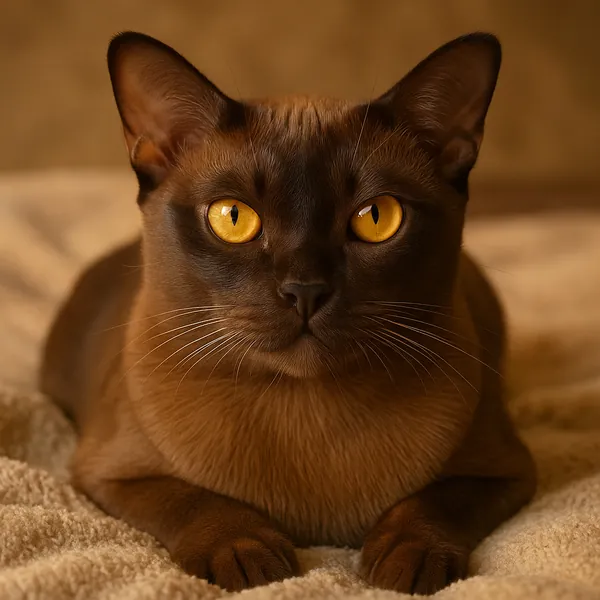 Discover a puzzle with a close-up portrait of a sleek brown cat, its rich chocolate fur and striking golden eyes bathed in warm amber light.