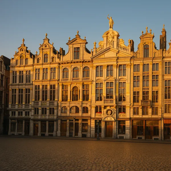 Discover a puzzle with a row of ornate, historic city buildings bathed in warm golden light, their detailed facades, tall windows, and sculpted cornices glowing