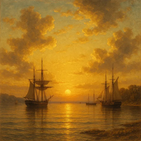 Discover a puzzle with a golden sunset over a calm sea, where tall sailing ships drift gently beneath warm, honey-colored skies.