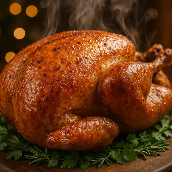 Discover a puzzle with a steaming, golden-brown roast turkey resting on a bed of fresh herbs, captured in rich, warm tones and soft holiday bokeh lights.