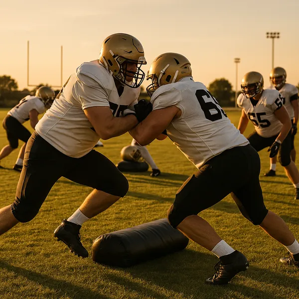 Discover a puzzle with a dynamic football practice scene bathed in warm golden-hour light.
