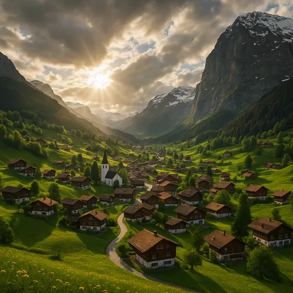 Discover a puzzle with a sunlit alpine village nestled in a lush green valley, where neat wooden chalets and a white church spire wind along a curling road bene