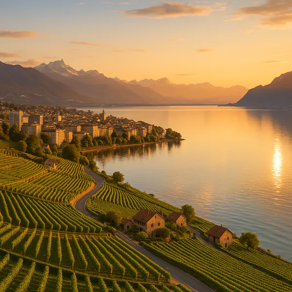 Discover a puzzle with a sunlit lakeside landscape showing neatly terraced vineyards, rustic stone cottages, and a charming town hugged by calm water and distan