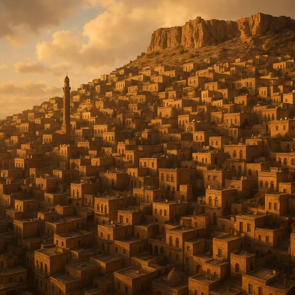 Discover a puzzle with a sunlit hillside town of terraced sandstone houses and a lone minaret rising against a softly clouded sky.