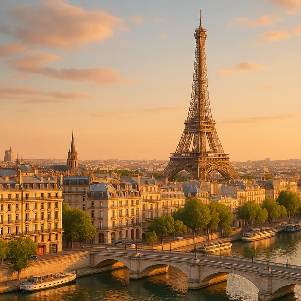 Discover a puzzle with the iconic Eiffel Tower rising above Parisian rooftops at golden hour.
