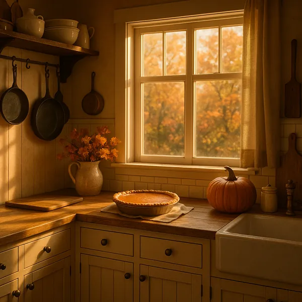 Discover a puzzle with a cozy autumn kitchen scene bathed in warm golden light.