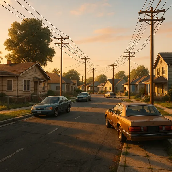 Discover a puzzle with a tranquil small-town street bathed in warm golden light at sunset — pastel bungalows, vintage cars parked along the curb, and rows of te