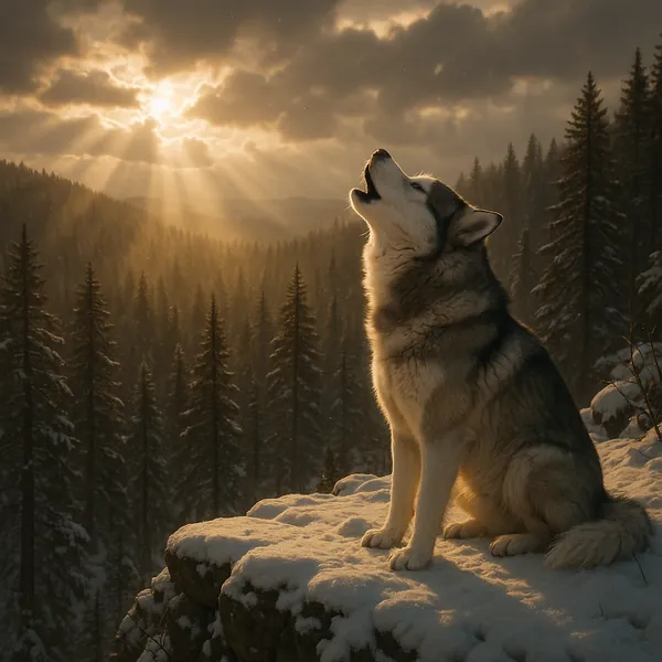 Discover a puzzle with a majestic husky-like wolf howling atop a snowy cliff, framed by a vast pine forest.