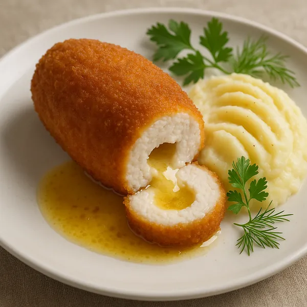 Discover a puzzle with a close-up of a golden, crispy breaded roll sliced to reveal a creamy, buttery filling beside smooth, pale mashed potatoes and delicate g