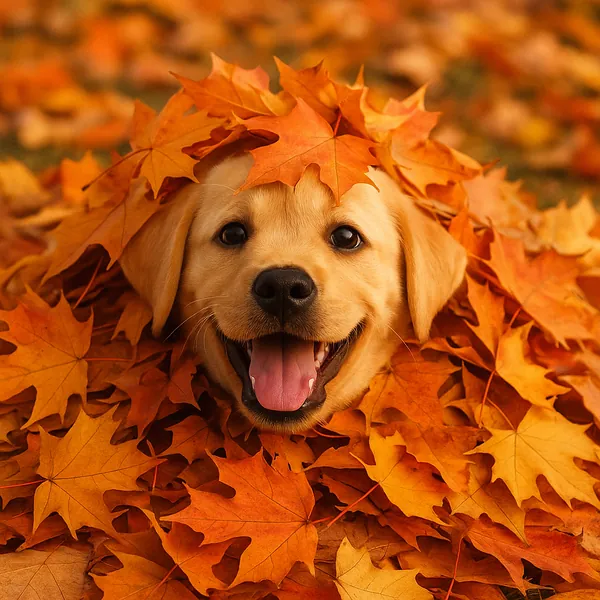 Enjoy assembling a puzzle depicting an adorable golden retriever puppy peeking out from a cozy pile of bright orange and amber autumn leaves.