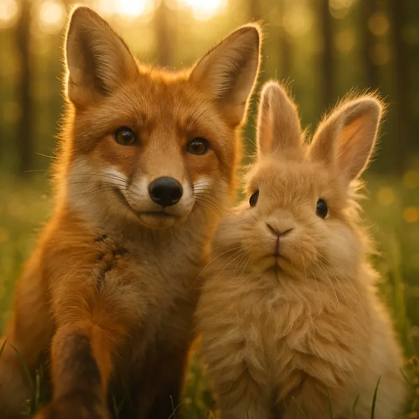 Discover a puzzle with an adorable red fox and a fluffy golden bunny sitting side by side in a sun-dappled forest clearing.